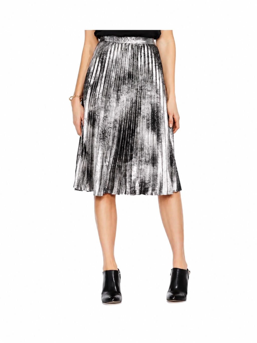 Vince Camuto | Pleated Metallic Silver Midi Skirt